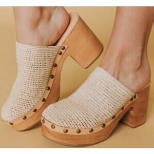Free People $170 NWT Heel Claudia Crochet Platform Clog Shoe Wood Tan Sz 40/9.5